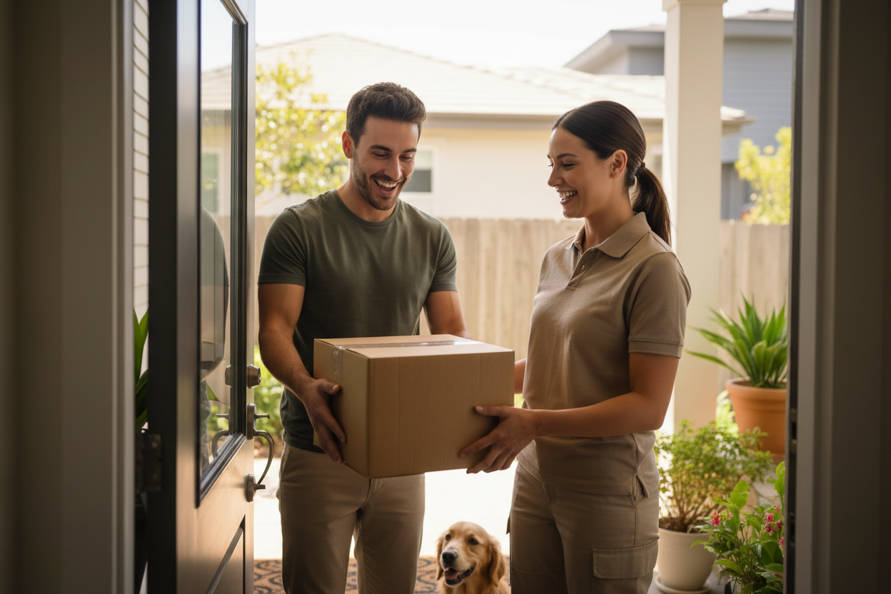 Una persona feliz recibiendo su pedido y una persona feliz entregándolo